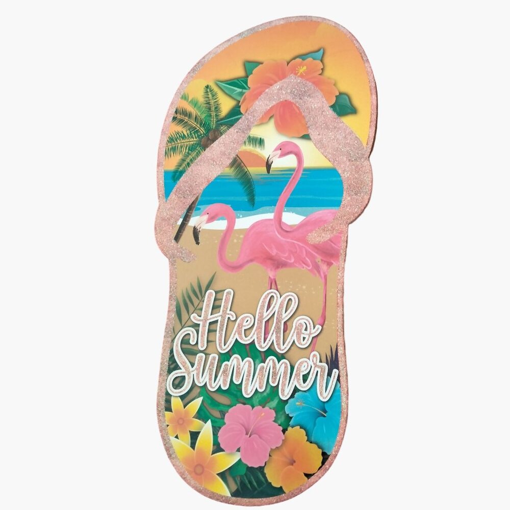 Flip Flop Hello Summer Sign Tropical Flamingos Luau Beach Patio Pool Tiki - Picture 1 of 7